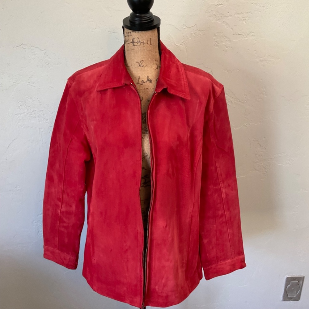 Chico's Red Suede Jacket coat zip bomber jacket plus size XL/16 zip leather